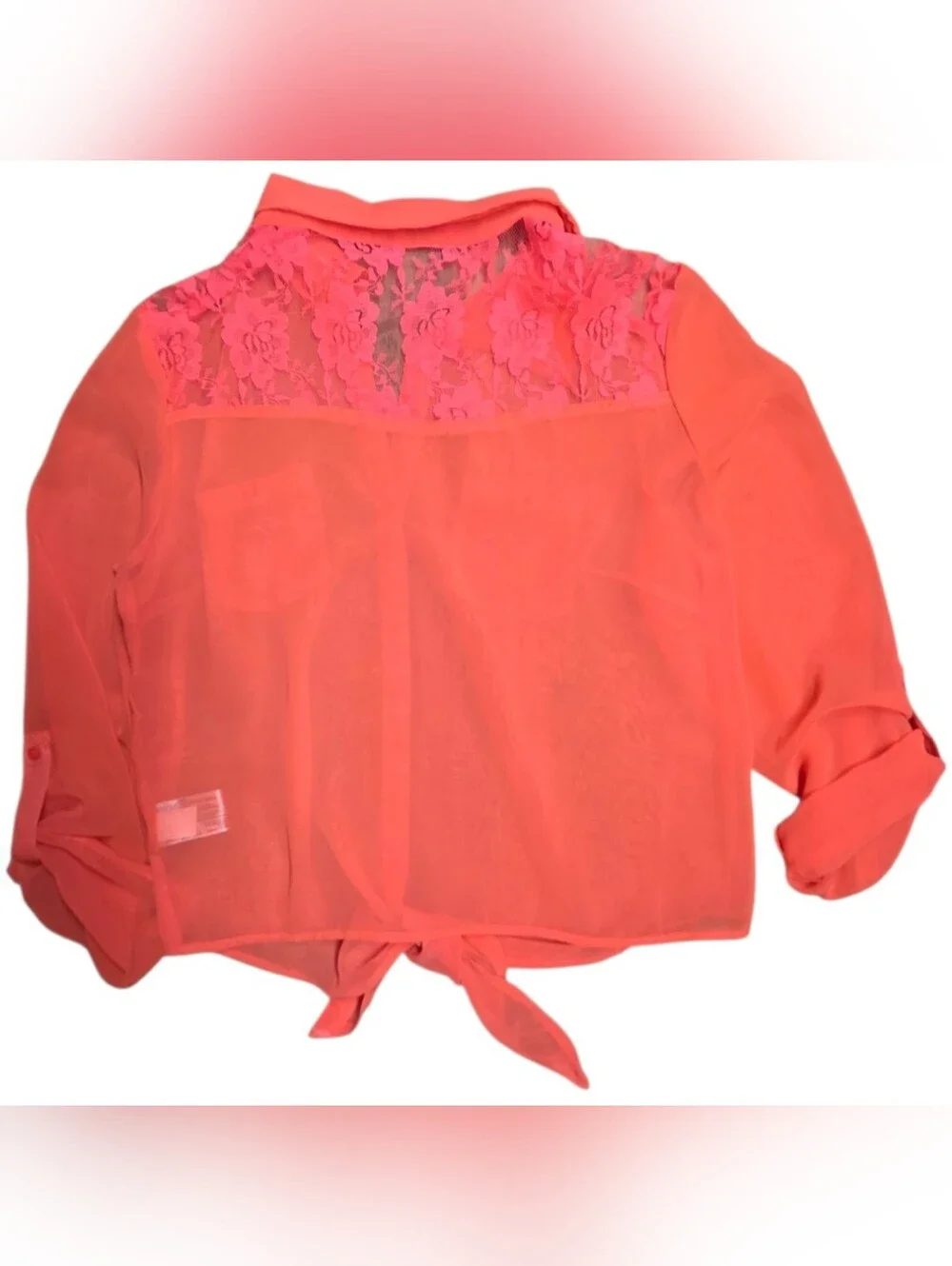 Hot Orange Sheer Lace Bottom Tie Top XL